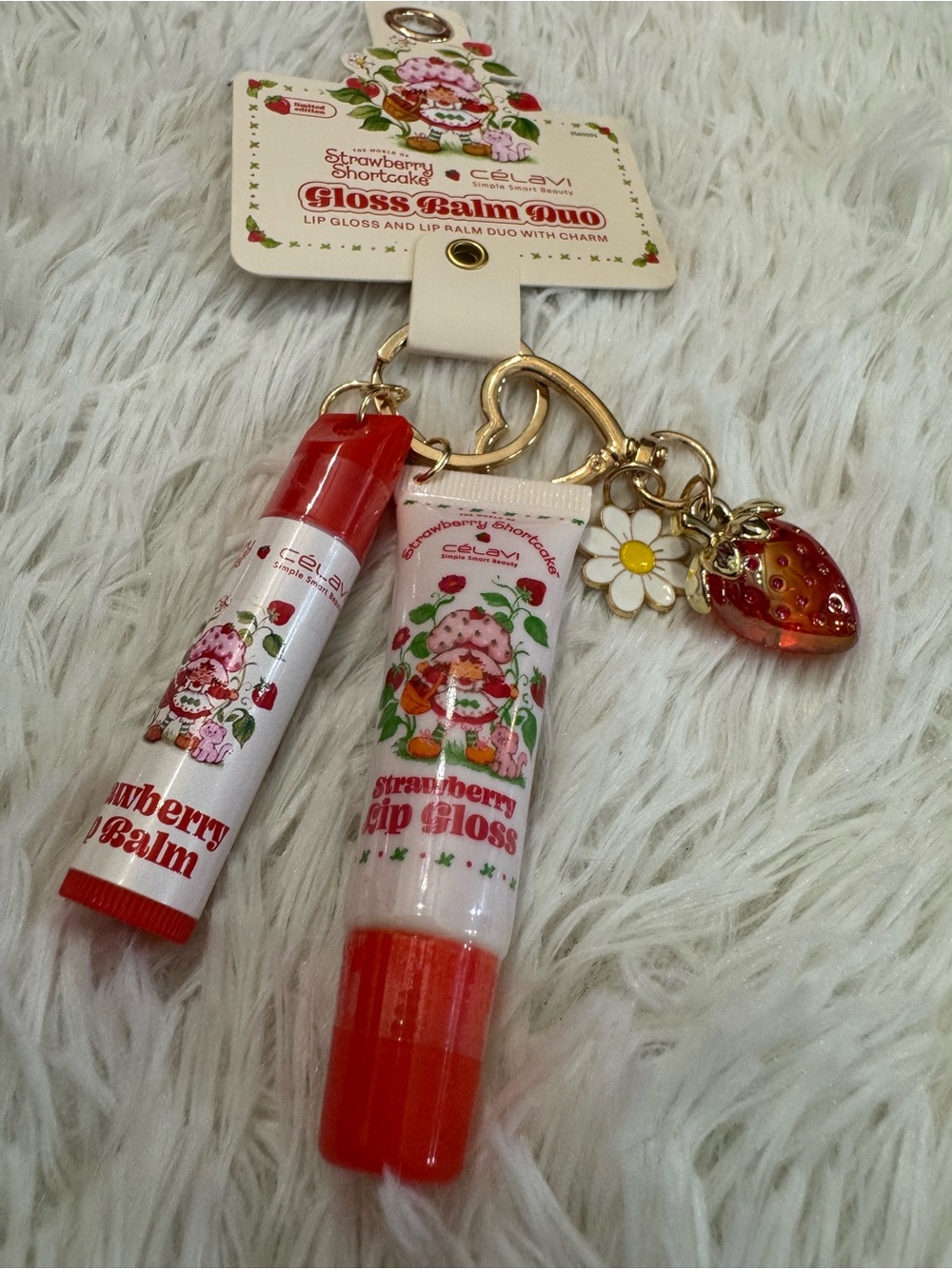 Celavi strawberry shortcake keychain with lip gloss lip balm super cute charms